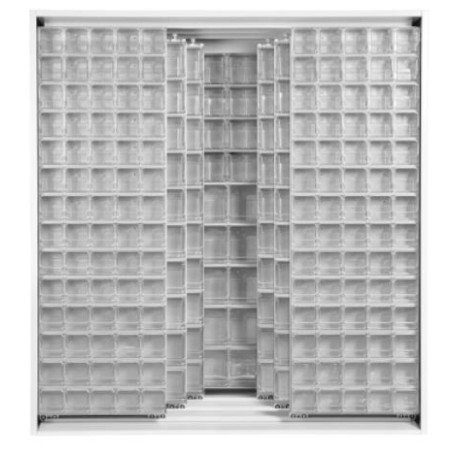 Skříň na drobný materiál s posuvnými panely na kuličkových ložiscích